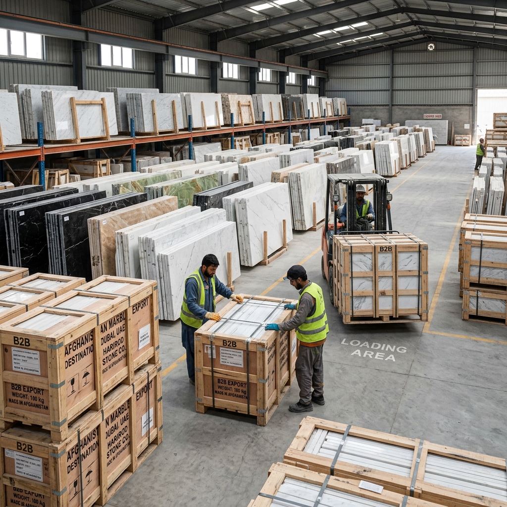 Afghanistan marble exporters warehouse — packed marble slabs ready for international shipping