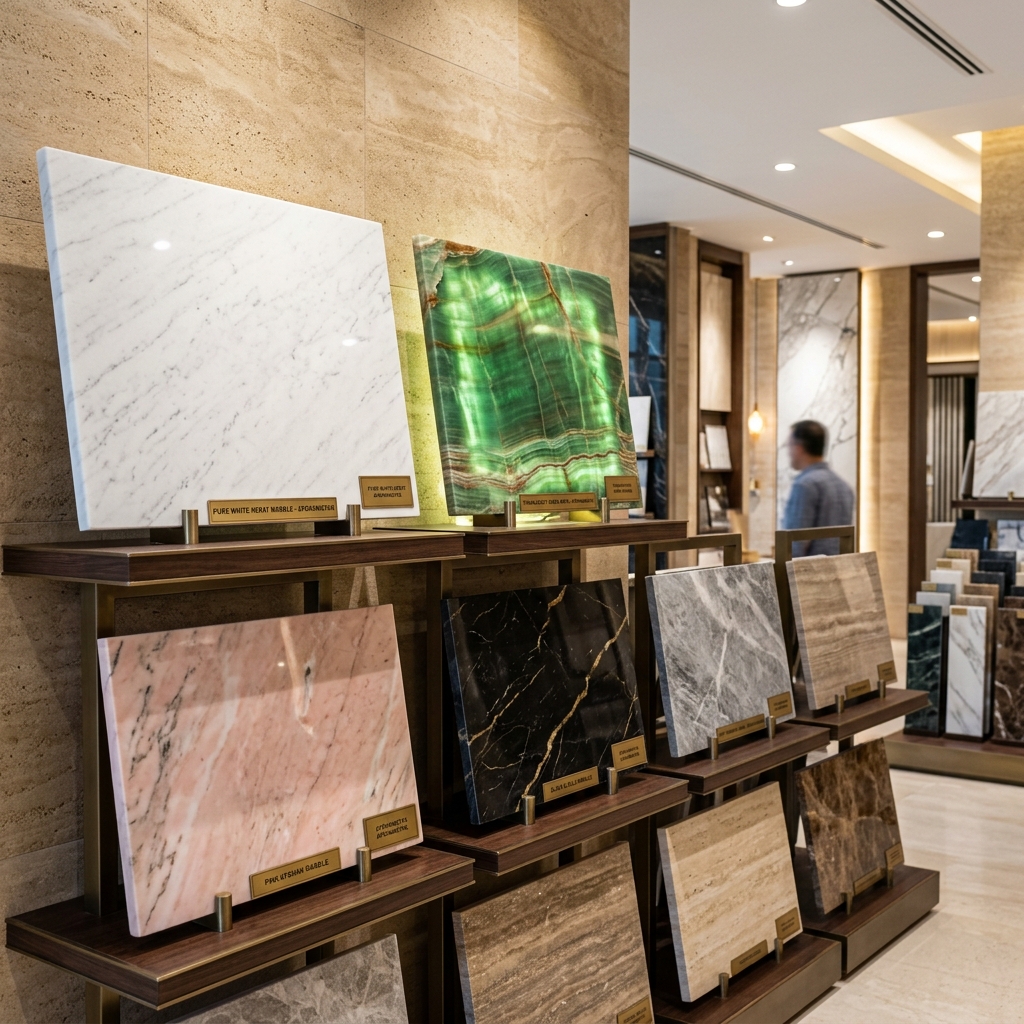 All Afghanistan marble types and varieties on display — white, green onyx, black gold, pink
