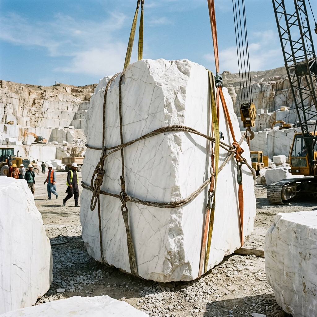 Raw Quarried Herat White Marble Block in Afghan Stone Processing Yard